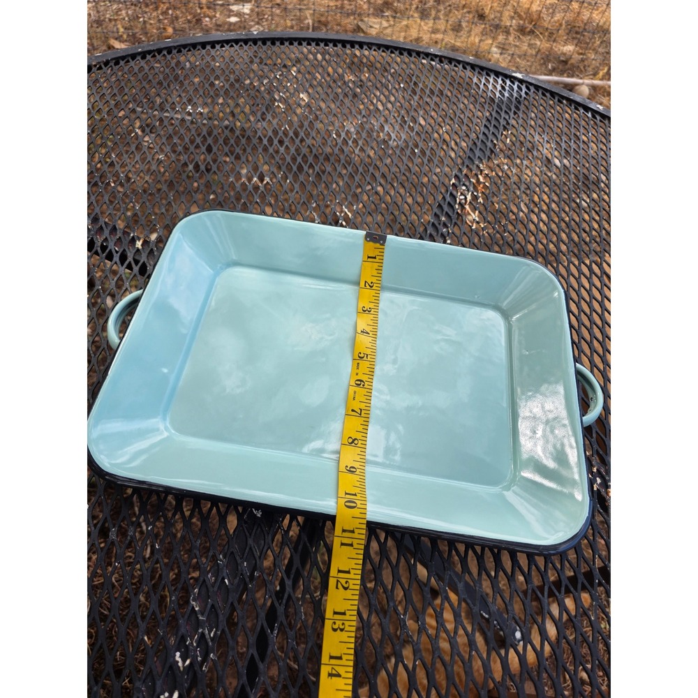 Turquoise Blue Enamelware Serving Tray Rectangular Platter Handles Black Rim - Picture 4 of 6